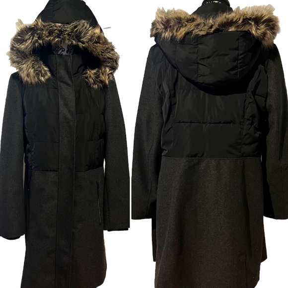 SOLD Lands End Wool Denali Like Long Coat Faux Fur Detachable Hood Gray Black - Picture 1 of 14